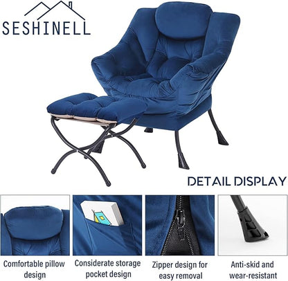 Lazy Chair with Ottoman, Modern Accent Chair Lounge Leisure Sofa Chair with Armrests, Reading Chair and Folding Footstool for Living Room, Bedroom, Office, Royal Blue