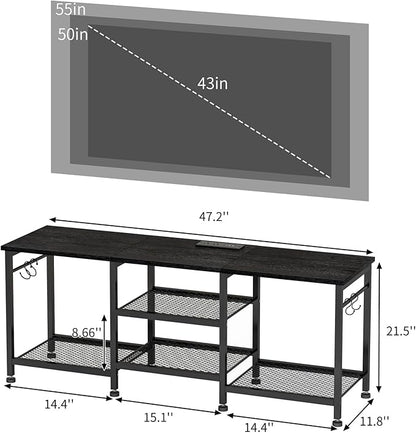 YGEOMER Black TV Stand Entertainment Center for 55 Inch TVs, with Charging Station and Lights Open Storage Shelves, TV Media Console, Open Storage Shelf with Sound Rack for Living Room, Bedroom