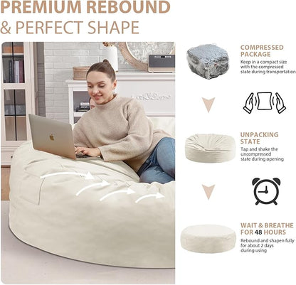 7FT Bean Bag Chair, Large Bean Bag Chairs with Memory Foam Filled, Fluffy Beanbag Sofa with Dutch Velvet Cover, Round BeanBag Chairs for Living Room, Playroom - Beige
