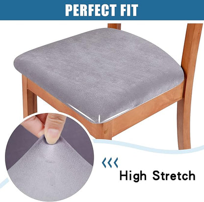 Smiry Velvet Seat Covers for Dining Room Chair Set of 6, Stretch Fit Removable Washable Chair Seat Cushion Protector Slipcovers with Ties, Light Grey