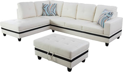 NicBex Sectional Couch 3 Pieces Sofa Set with Right Chaise PU Synthetic Leather L Shaped Cloud Couch for Living Room Furniture Sets with Storage Ottoman, Modular Sofa for Apartment, White+Black