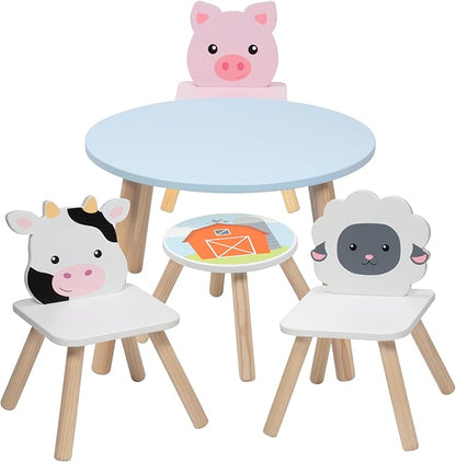 Kids Wooden Animal Table & Chair Set w 4 Seats- Cow Pig Sheep Plus Adult Stool for Arts Crafts, Dining, Pretend Play- Durable Playroom Furniture for Home, Daycare Classroom- Toddler Children Gift