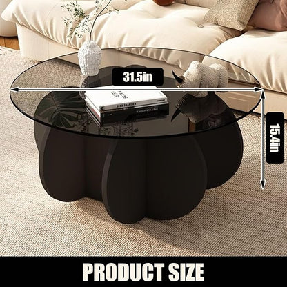 Black Coffee Table, 31.5" Round Glass Coffee Table for Living Room Mid Century Modern Coffee Table Unique Circle Center Table with Wood Base
