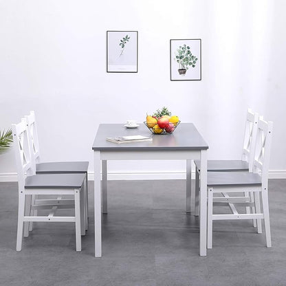 soges Dining Table Set for 4, 42.5 inch Pine Wood Dining Room Table with 4 Chairs, 5-Piece Kitchen Table Chairs Set for Small Space, Apartment, Dinette, Breakfast, White & Grey