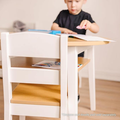 Melissa & Doug Wooden Round Table and 2 Chairs Set – Kids Furniture for Playroom, Light Woodgrain and White 2-Tone Finish Two-Tone Round Wooden Toddler And Kids Table And Chairs Activity Furniture Set