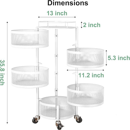 SAYZH Fruit Vegetable Basket for Kitchen, Rotating Storage Rack, 5 Tier Rolling Cart with top lid, Large Metal Wire Wheels (White)