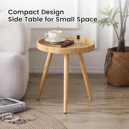 Round Rattan Side Table for Small Spaces, Boho Circle End Table Coffee Table with Solid Wood Leg for Living Room, Bedroom, Corners