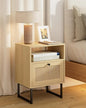 Rattan Nightstand, Boho Night Stand Farmhouse Wood Bedside Table with Storage and Open Shelf, End Side Accent Table for Bedroom,Living Room,Oak