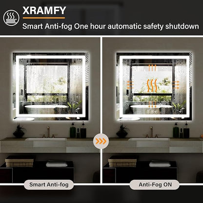 47"x 47" LED Bathroom Mirror, Backlit + Front Lit, LED Bathroom Mirror with Lights for Wall, 3 Colors, Anti-Fog, Dimmable Brightness, Memory Function, Tempered Glass