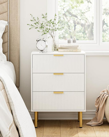 Night Stand,Tall Bedside Table with 3Storage Drawers,White Nightstand,Bedside Furniture,Side Table with Gold Frame,End Table for Bedroom,Living Room (Modern-3drawers, White)