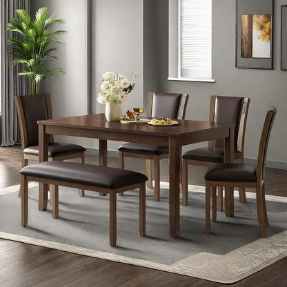 Dining Table Set for 5, 6-Piece Kitchen Table & Chairs Set with Rectangular Table, Bench & 4 Upholstered Chairs, 58'' Dinner Set with Rubber Wood Legs & Curved Backrest for Kitchen, Walnut