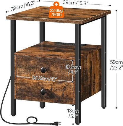 HOOBRO End Table Set of 2 with Charging Station, Nightstand with 2 Drawer & USB Ports & Power Outlets, Bedside Table for Small Spaces, Stable and Sturdy, for Living Room, Rustic Brown BF43UBZP201