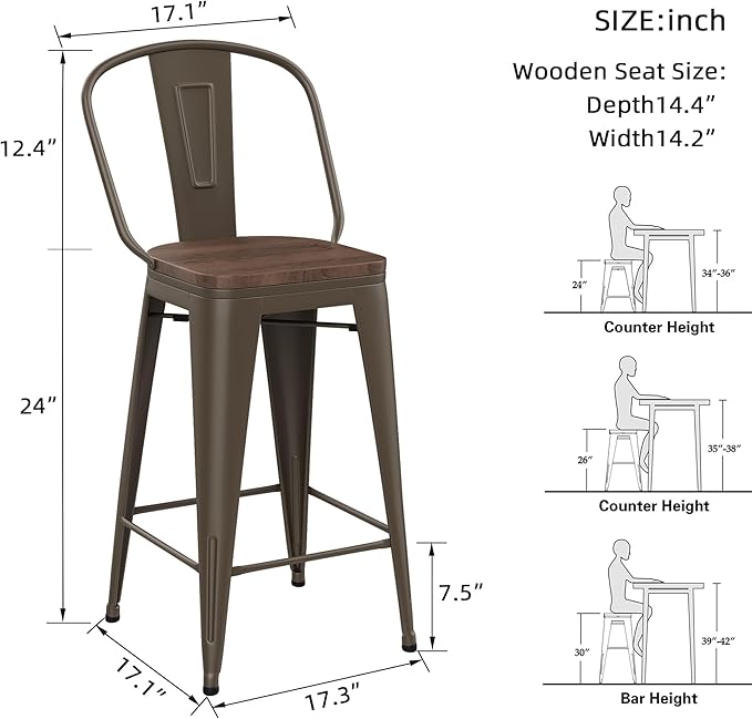 Yongqiang 24 inch Bar Stools Set of 4 Kitchen Counter Height Bar Chairs High Back Metal Barstools with Large Wooden Seat Industrial Rusty