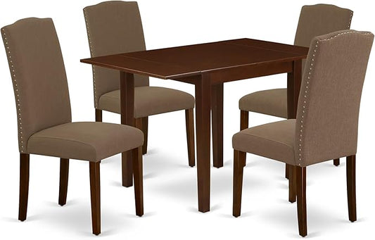 East West Furniture NDEN5-MAH-18 5 Piece Dining Table Set Includes a Rectangle Dining Room Table with Dropleaf and 4 Dark Coffee Linen Fabric Upholstered Chairs, 30x48 Inch, Mahogany