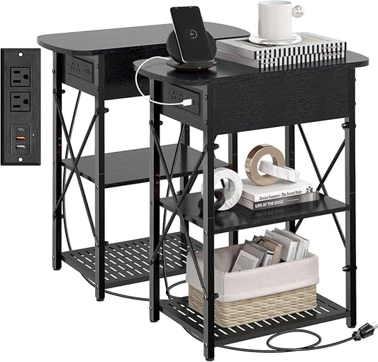 Narrow Side Table with Charging Station, End Tables Set of 2 for Small Spaces, Flip Top End Table with Storage, Black End Tables Living Room, Nightstand Set 2 with Drawer for Bedroom