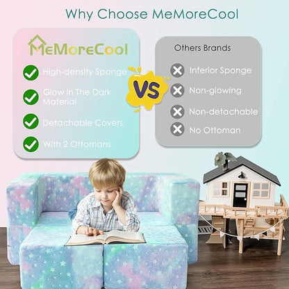 MeMoreCool Kids Play Couch for Playroom, Toddler Glow in Dark Sofa, Modular Bedroom Furniture