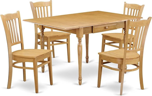 East West Furniture MZGR5-OAK-W 5 Piece Kitchen Table Set for 4 Includes a Rectangle Dining Room Table with Dropleaf and 4 Dining Chairs, 36x54 Inch, Oak