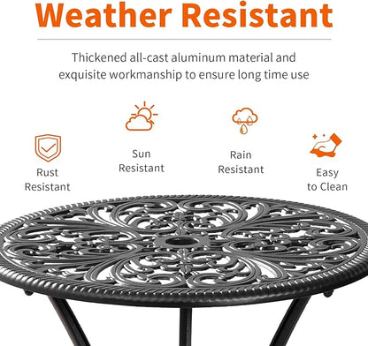 Bistro Set 3 Piece Outdoor, Bistro Table and Chairs Set of 2, All Weather Patio Bistro Set with Umbrella Hole, Patio Set for Garden, Black