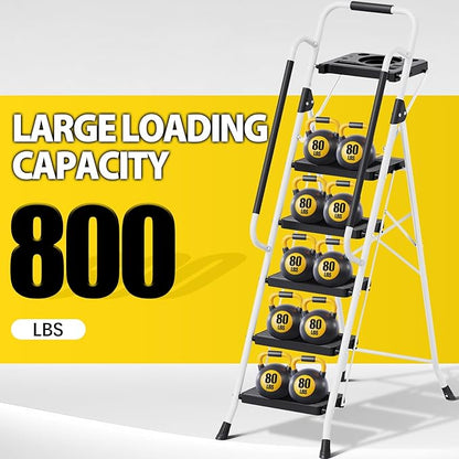 KINGRACK Folding 5-Step Ladder, 800 lbs Capacity Step Stool with Safety Lock, Tool Tray, Non-Skid Wide Steps, Handrail, Household Folding Ladder for Home, Garden, Painting, Outdoor, and Garage, White
