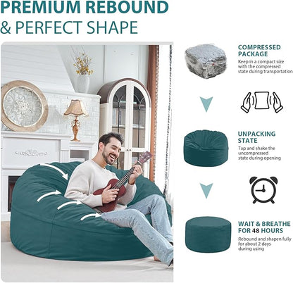 5FT Bean Bag Chair, Large Bean Bag Chairs with Memory Foam Filled, Fluffy Beanbag Sofa with Dutch Velvet Cover, Round BeanBag Chairs for Living Room, Playroom- Sea Blue