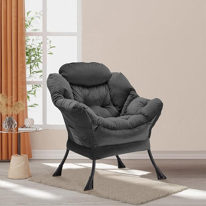 Lazy Chair Thick Padded, Comfy Velvet Accent Lounge Chair with Stable Frame, Leisure Sofa Armchair with Armrests and Side Pocket, Reading Chair for Bedroom, Living Room, Office, Charcoal