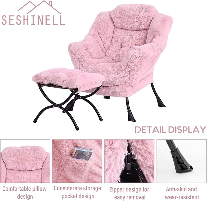 Lazy Chair with Ottoman, Modern Accent Chair Lounge Leisure Sofa Chair with Armrests, Reading Chair and Folding Footstool for Living Room, Bedroom, Office, Plush Pink