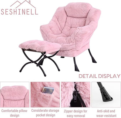 Lazy Chair with Ottoman, Modern Accent Chair Lounge Leisure Sofa Chair with Armrests, Reading Chair and Folding Footstool for Living Room, Bedroom, Office, Plush Pink