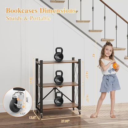 BAOYOUNI 3-Tier Vintage Industrial Bookshelf - No Assembly Folding Storage Shelf with Woodgrain Finish | Collapsible Metal Bookcase for Living Room, Office & Bedroom