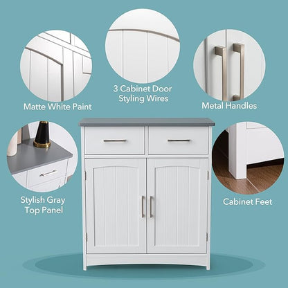 Modern White Buffet Cabinet, 26x30 Inches, 2 Doors, 2 Drawers, Adjustable Shelves, Anti-Fall Drawers, Dining Room Storage