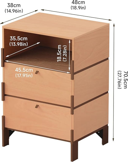 Sebastack End Table, Customizable 3 Drawers Bedside Table, Night Stand, Side Table for Bedroom, Dormitory, Mid-Century Style Wood Chest of Furnitures, 27.8 inch Tall Beech Color