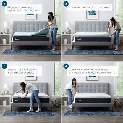 LUCID 2 Inch Gel Memory Foam Mattress Topper with Cover - Full Size - CertiPur-US Certified - White