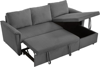 Ball & Cast Reversible Sectional Sofa Couch,L-Shape Sleeper Sofa Bed with Storage Chaise Pull Out Couch for Living Room | Hidden Storage | Pull Out Bed | Removable Backrest | Corduroy Fabric,Gray