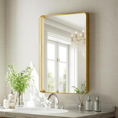 Bathroom Mirror 20x30 inch, Gold Gorgeous Deep Frame Wall Mirror, Modern Round Corner Bathroom Vanity Mirror for Bedroom, Living Room, Hanging or Leaning Horizontal or Vertical, Gold
