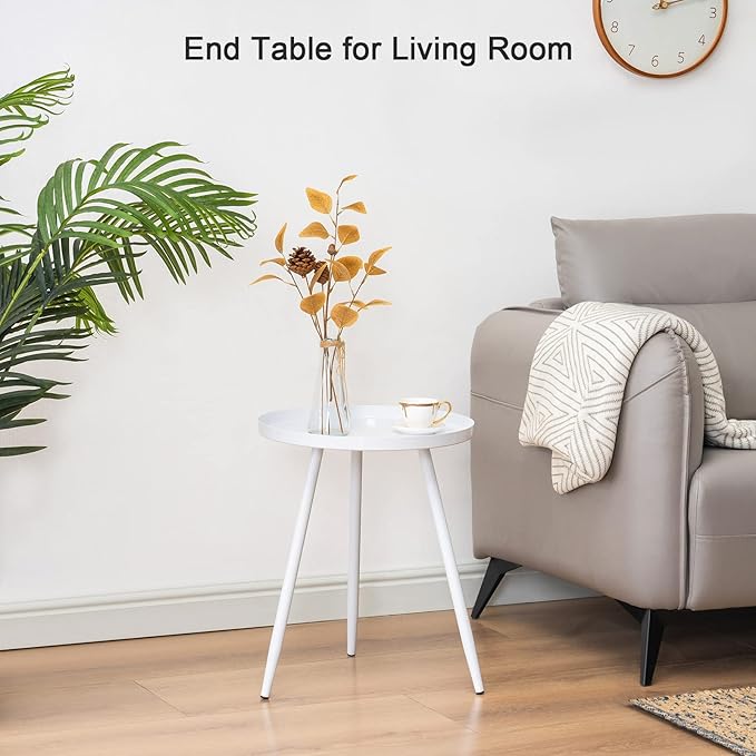 Apicizon 16" Round Side Table Set of 2, White Metal End Table for Living Room, Bedside, Mid Century Modern Coffee Table or Circle Accent Table for Small Spaces, White