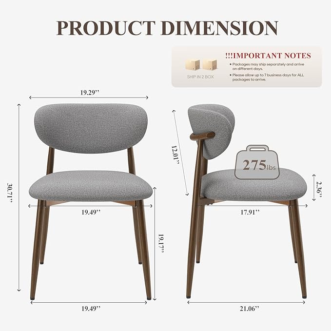 Dining Chairs Set of 4, Ergonomic Fabric Upholstered Seating with Wood Look Metal Legs and Anti Slip Pads, for Home and Restaurant Use, Light Grey