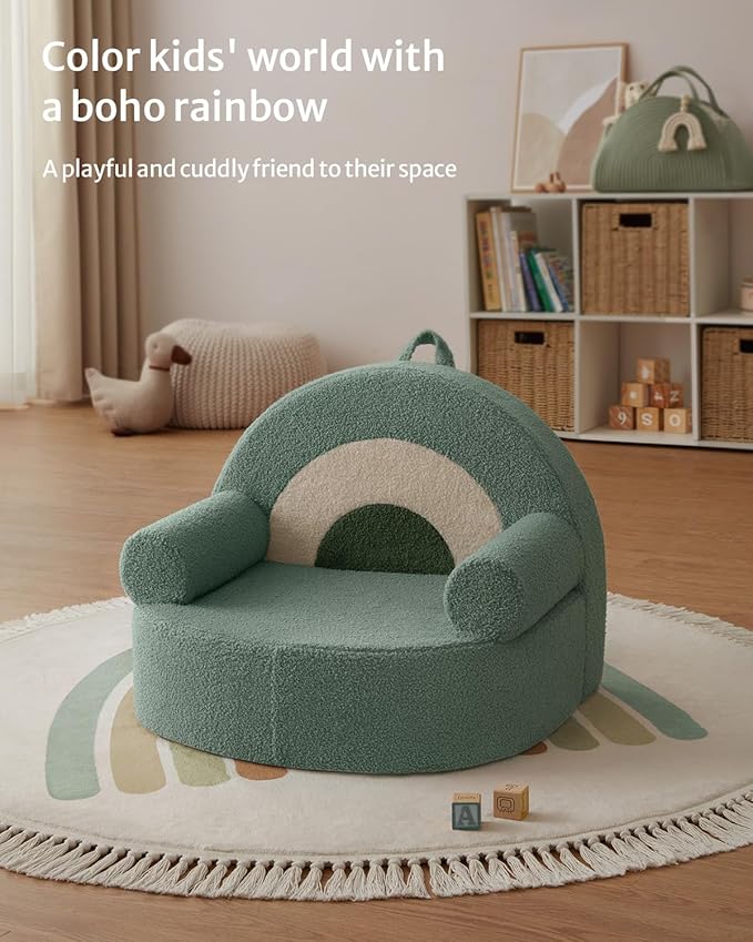 Blissful Diary Toddler Chair Comfy, Foam Kids Chair with Soft Teddy Plush, Toddler Reading Chair with Cute Arclet Designs- Sage Green