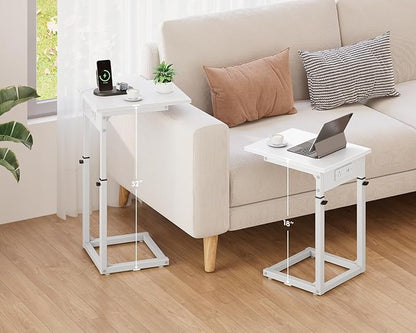 Vagusicc C Shaped End Table with Charging Station, 33" Tall Side Table for Couch, Sofa Table Adjustable Height Couch Side Table Coffee Table, Slide Under Sofa TV Tray C Table for Living Room, White