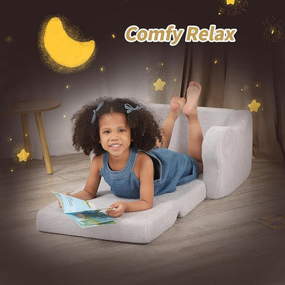 Comfy Toddler Chair, 2-in-1 Toddler Couch Fold Out, Convertible Sherpa Sofa to Lounger for Boys & Girls, Grey