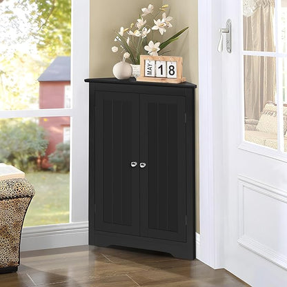 Iwell Corner Cabinet, Corner Bathroom Cabinet with 2 Doors & Adjustable Shelves, for Bathroom, Living Room, Kitchen, Black