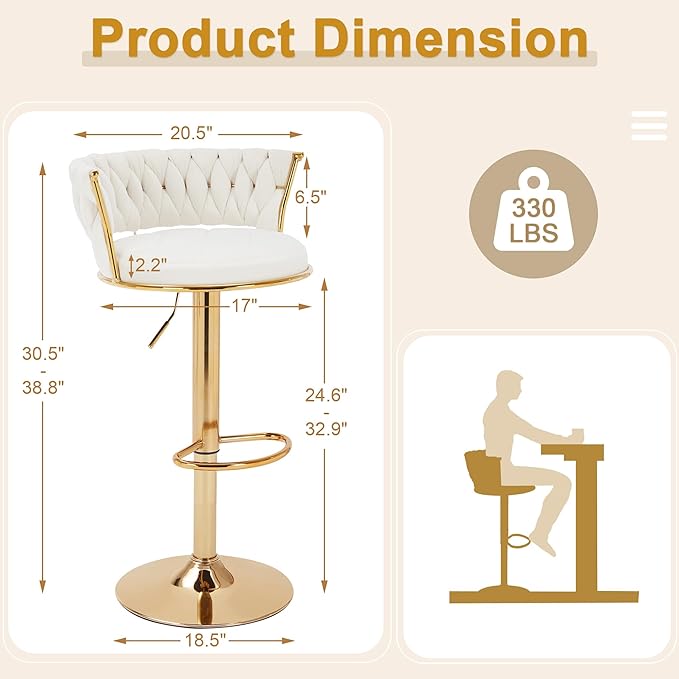 VECELO Bar Stools Set of 4, Modern Luxury Velvet Woven Counter Height Stools with Back and Arm, Gold Metal Leg & Base, 360 Swivel Bar Chair for Pubs Dining Room, White