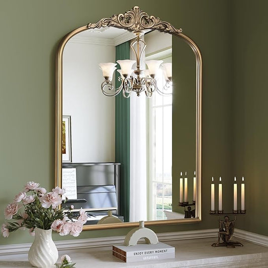 Arched Antique Gold Mirror, 28"x36" Vintage Bathroom Vanity Mirror, Ornate Arched Brass Wall Mirror for Over Sink/Fireplace/Entryway