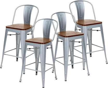 Changjie Furniture 30 Inches Metal Barstools Set of 4 Counter Height Bar Stools Industrial Stools with Backs High Back Chairs for Kitchen Island (30 Inch, Silver)