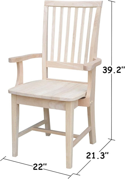 IC International Concepts Mission Side Chair with Arms Solid Parawood, Box Seat Construction, Kitchen/Dining, 22"W x 21"D x 39"H, 225 Lbs Wt. Capacity, DIY, Paint/Stain In Any Color, Unfinished