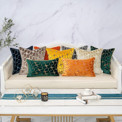 Yangest Beige Square Throw Pillow Cover Wavy Velvet Cushion Cover Modern Zippered Pillowcase for Sofa Couch Bedroom Living Room Chair, 20 x 20 Inch
