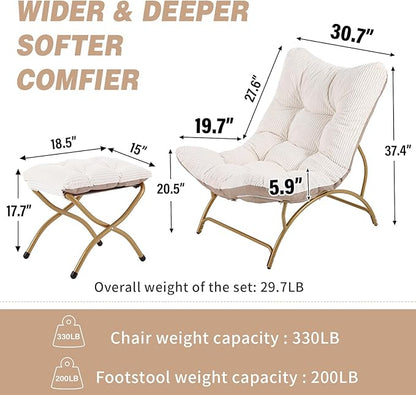 Welnow Accent Chair with Ottoman, Lounge Comfy Soft Leisure Metal Frame Reading Chair with Footrest, Upholstered Thick Cushion Seated Recliner Sofa for Living Room, Bedroom, Dorm, Beige