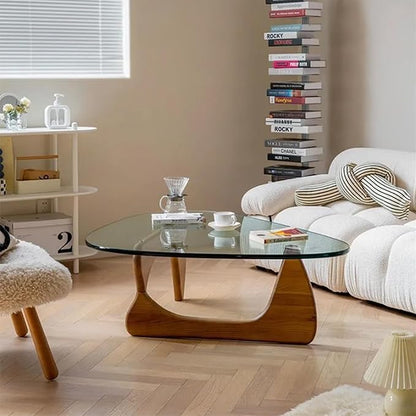 EASYSOUL Modern Glass Coffee Table, 32.68" D x 22.44" W x 15.75" H, Abstract Round Tea Tables for Living Room Home Office Industrial Cocktail Tables (Walnut-Clear Glass, 32.68")