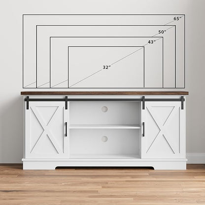 GarveeHome Farmhouse Tv Stand for 65 Inches TVs, Entertainment Center with Sliding Barn Doors and Adjustable Shelf, Modern Media TV Console TV Stand Table for Living Room, Bedroom, White