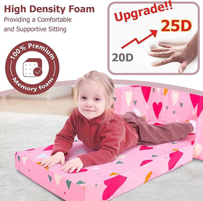 Kids Couch, 2-in-1 Kids Fold Out Sofa, Convertible Toddler Couch to Lounger for Girls and Boys, Soft Toddler Chairs Comfy 1-3 Years Old(Pink Heart)