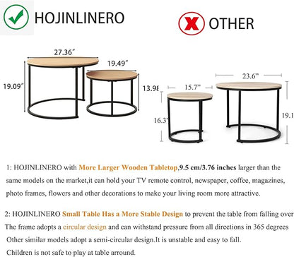 Industrial Round Coffee Table Set of 2 End Table for Living Room,Stacking Side Tables, Sturdy and Easy Assembly,Wood Look Accent Furniture with Metal Frame,Black+Teak Oak