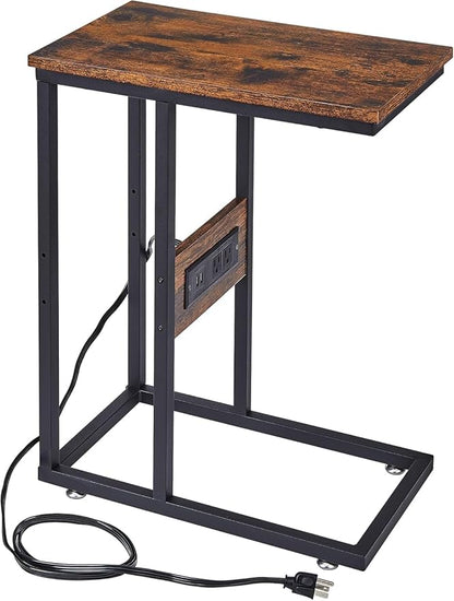 VECELO C Shaped End Side Table with Charging Station & Power Outlets for Couch Sofa/Bed Snack TV Tray with Metal Frame for Living Room Bedroom 1 Set, Brown